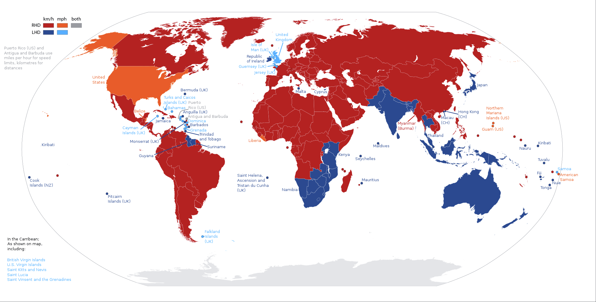 Carte de monde montrant le sens de circulation et l'unité de mesure de la vitesse